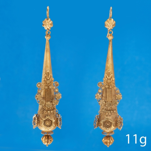 116 - PAIR OF ANTIQUE GEORGIAN CANETILLE LONG EARRINGS,
High carat gold.
The canetille work appliques.
L. ... 