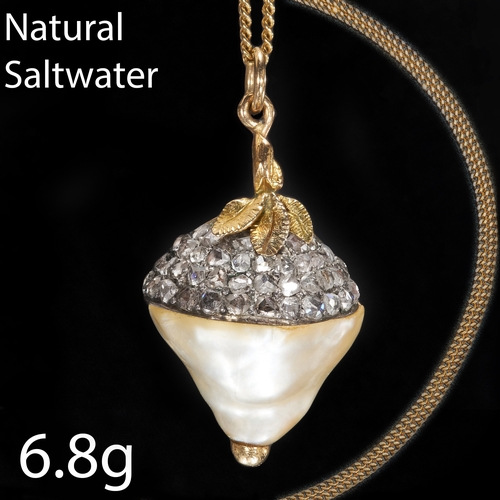 126 - UNUSUAL NATURAL SALTWATER PEARL AND DIAMOND PENDANT.
The cap set with rose cut diamonds.
The large p... 