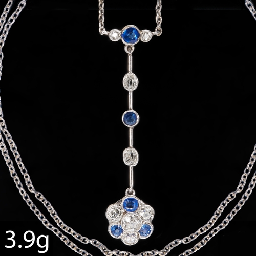 143 - EDWARDIAN SAPPHIRE AND DIAMOND PENDANT NECKLACE,
High carat gold.
Vibrant blue sapphires.
Diamonds b... 