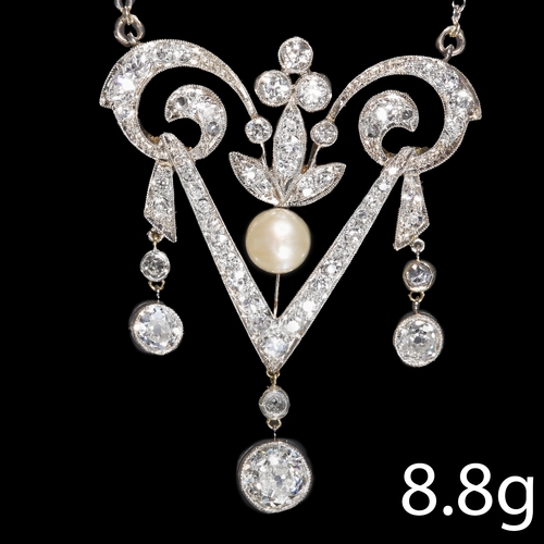 145 - BELLE EPOQUE PEARL AND DIAMOND PENDANT NECKLACE,
Platinum.
Diamonds totalling approx. 2 ct. H-I colo... 