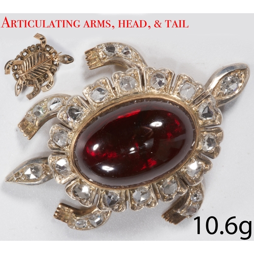 103 - UNUSUAL ANTIQUE DIAMOND AND GARNET TURTLE BROOCH,
Fine cabochon cut garnet of approx. 17.75 x 11.8 m... 