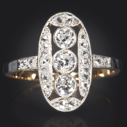 127 - ART-DECO DIAMOND RING,
2.5 grams, testing 18 ct. gold and platinum.
Diamonds bright and lively.
Size... 