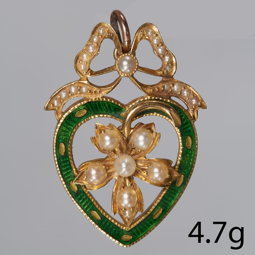 128 - ANTIQUE ENAMEL AND PEARL PENDANT,
4.7 grams, High carat gold.
Vibrant green enamel.
Pearls well matc... 