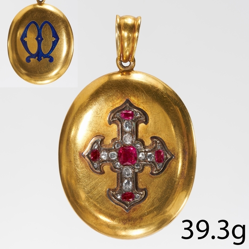 13 - HEAVY ANTIQUE RUBY DIAMOND AND ENAMEL LOCKET PENDANT,
39.3 grams testing as 18 ct. gold.
Vibrant rub... 