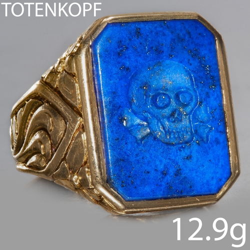 131 - RARE AND LARGE CARVED INTAGLIO LAPIS LAZULI 'TOTENKOPF' SEAL RING,
12.9 grams, testing 18 ct. gold.
... 