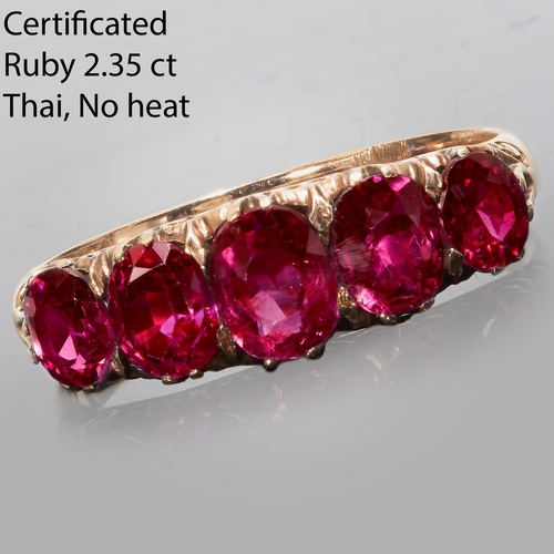 133 - CERTIFICATED RUBY 5-STONE RING,
2.8 grams, testing 18 ct. gold.
Vibrant rubies, totalling approx. 2.... 