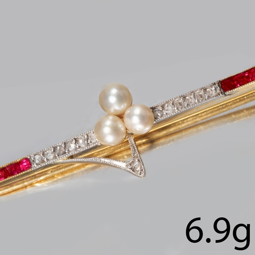 164 - EDWARDIAN RUBY PEARL AND DIAMOND BAR BROOCH, 
6.9 grams, 18 ct. gold. 
The bar set with vibrant rubi... 