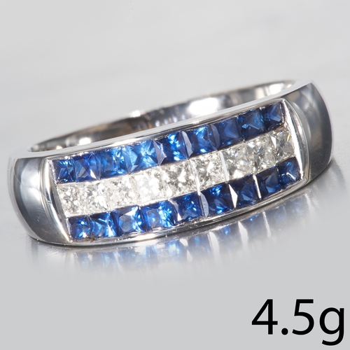 171 - 3-ROW SAPPHIRE AND DIAMOND RING. 
4.5 grams, 18 ct. gold.
Gemstones totalling approx. 1.20 ct. (engr... 