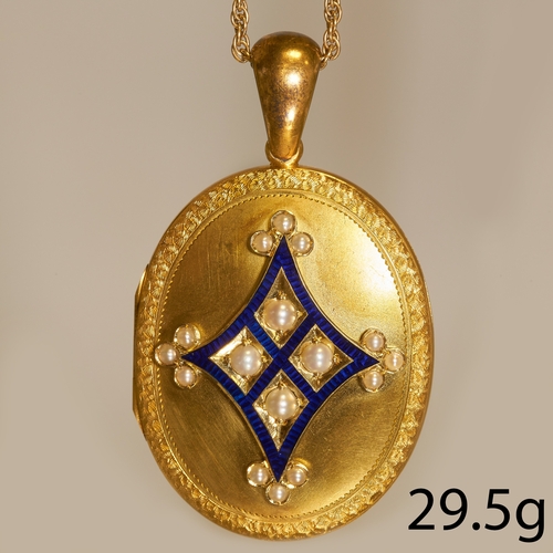 176 - VICTORIAN PEARL AND ENAMEL LOCKET PENDANT,
29.5 grams, High carat gold.
Vibrant blue enamel, in good... 