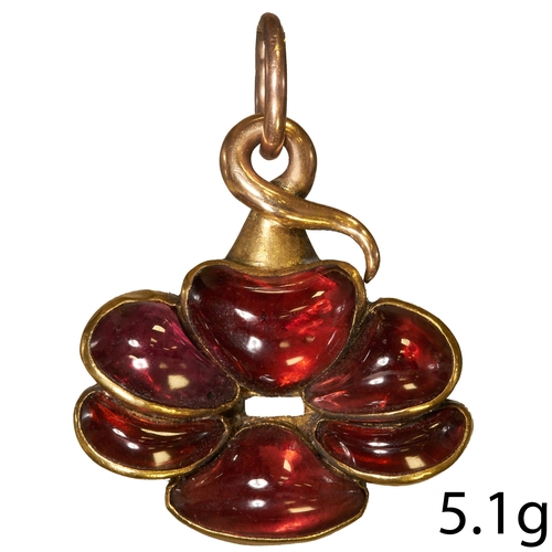 190 - VICTORIAN GARNET PENDANT.
5.1 grams, Testing 14 ct. gold.
Set with vibrant garnets.
Length: 2.66 cm