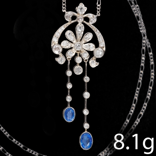 193 - ANTIQUE SAPPHIRE AND DIAMOND NEGLIGE PENDANT NECKLACE,
8.1 grams, testing 14 ct. gold.
Diamonds brig... 