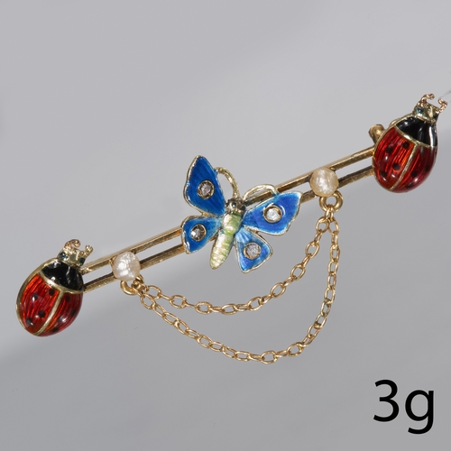 200 - EDWARDIAN ENAMEL, DIAMOND AND PEARL BUTTERFLY AND LADYBIRD BAR BROOCH.
3 grams, 15 ct. gold.
Enamel ... 