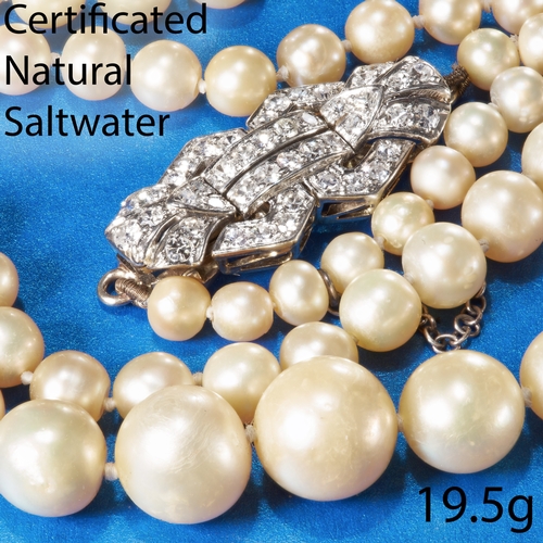 201 - EDWARDIAN CERTIFICATED NATURAL SALTWATER PEARL AND DIAMOND NECKLACE.
Diamonds bright and lively.
Pea... 