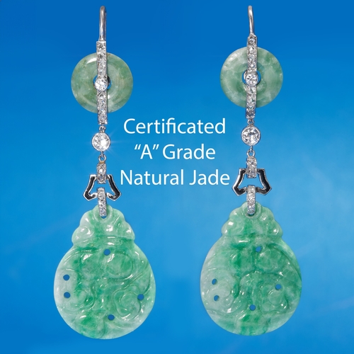 205 - CERTIFICATED ART-DECO PAIR OF DIAMOND JADE AND ENAMEL DROP EARRINGS, 
7.9 grams, Platinum.
Fine carv... 