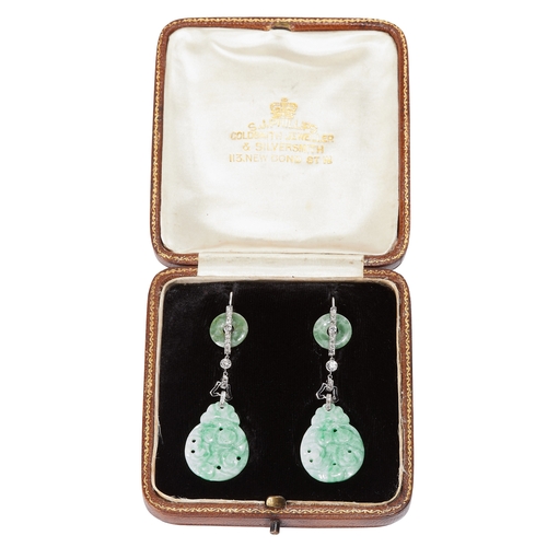 205 - CERTIFICATED ART-DECO PAIR OF DIAMOND JADE AND ENAMEL DROP EARRINGS, 
7.9 grams, Platinum.
Fine carv... 