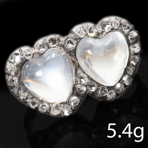 225 - VICTORIAN MOONSTONE AND DIAMOND DOUBLE HEART RING,
5.4 grams, testing 14 ct. gold.
Well matched moon... 