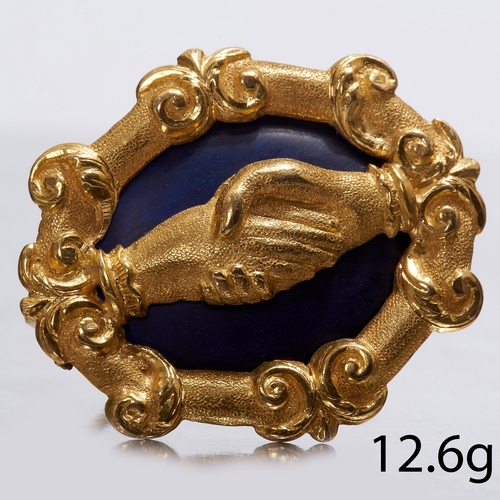 244 - IMPRESSIVE ANTIQUE CLASPING HAND BROOCH,
12.6 grams, testing 14 ct. gold.
Blue enamel, in good condi... 