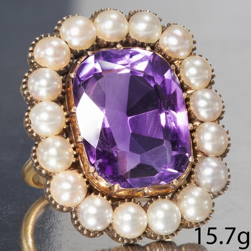 251 - LARGE AMETHYST AND PEARL CLUSTER RING,
High carat gold.
Large vibrant amethyst of approx. 17.1 x 13.... 