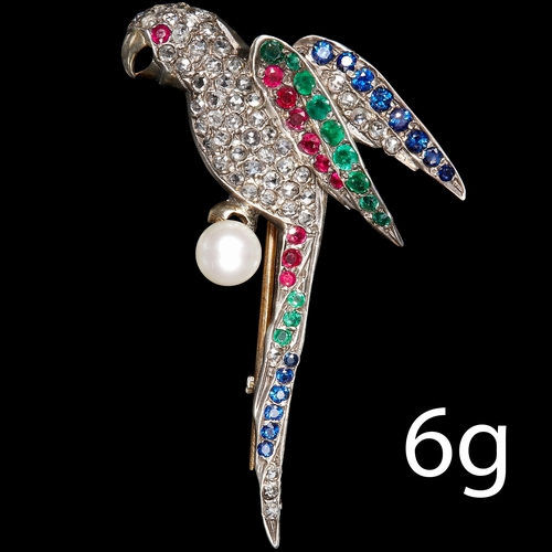 252 - DIAMOND, EMERALD ,SAPPHIRE, RUBY AND PEARL PARROT BROOCH.
Lively diamonds
Vibrant rubies, emeralds a... 