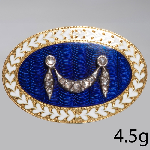 254 - ANTIQUE VICTORIAN DIAMOND AND ENAMEL GOLD BROOCH,
Dated 9th of June, 1898.
4.5 grams.
Diamonds brigh... 