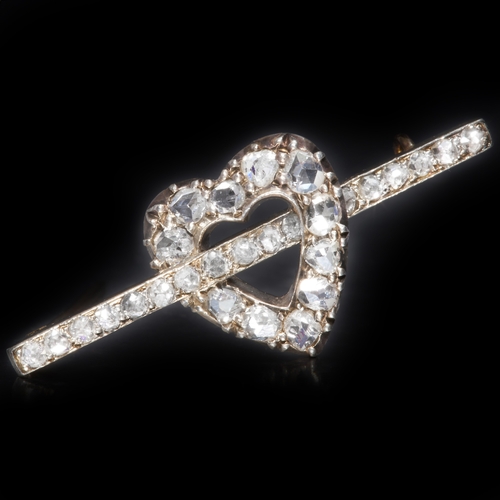 258 - ANTIQUE DIAMOND HEART BROOCH,
Bright and lively diamonds.
W. 3.3 cm.
2.3 grams.