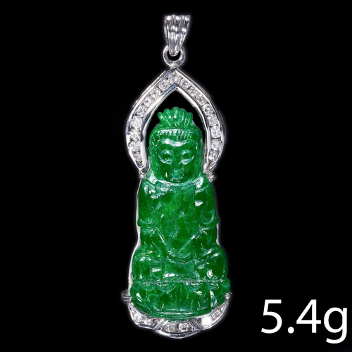 268 - CARVED GREEN JADE AND DIAMOND PENDANT,
5.4 grams, testing 18 ct. gold.
Vibrant green jade carved pla... 