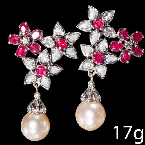 274 - PAIR OF RUBY, DIAMOND AND PEARL FLORAL EARRINGS,
17 grams, Testing as 14 ct. gold.
Gemstones totalli... 