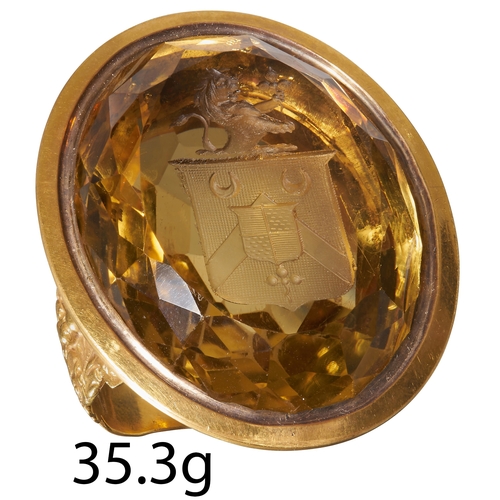 279 - IMPORTANT LARGE VICTORIAN CITRINE INTAGLIO RING, 
35.2 grams, testing 18 ct. gold.
large oval citrin... 