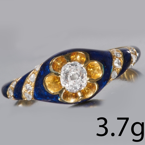 28 - ANTIQUE VICTORIAN ENAMEL AND DIAMOND RING
18 ct. gold.
Diamonds bright and lively.
Enamel in good co... 