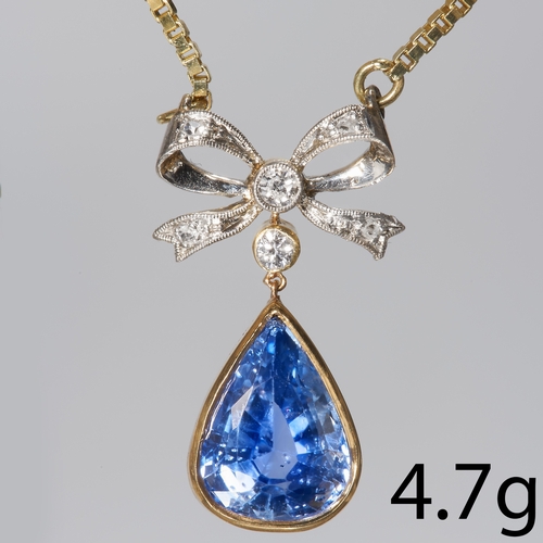 284 - SAPPHIRE AND DIAMOND PENDANT NECKLACE, 
4.7 grams, testing 14 ct. gold.
vibrant blue sapphire.
Diamo... 