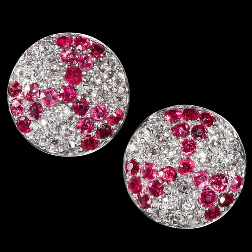 286 - PAIR OF ART-DECO RUBY AND DIAMOND STUD EARRINGS, 
Set with bright and lively diamonds and rubies. 
D... 