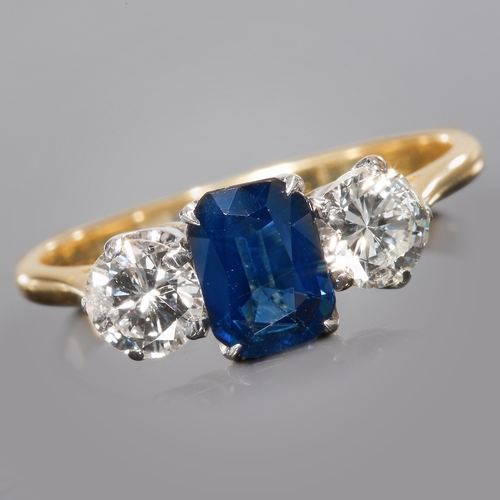 291 - SAPPHIRE AND DIAMOND THREE STONE RING
2.4 grams, testing 14 ct. gold.
Vibrant rich colour sapphire.
... 