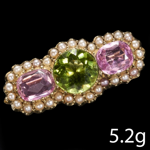 300 - VICTORIAN PERIDOT, PINK TOURMALINE AND PEARL BROOCH,
5.2 grams
Gemstones totalling approx. 6 ct.
Vib... 