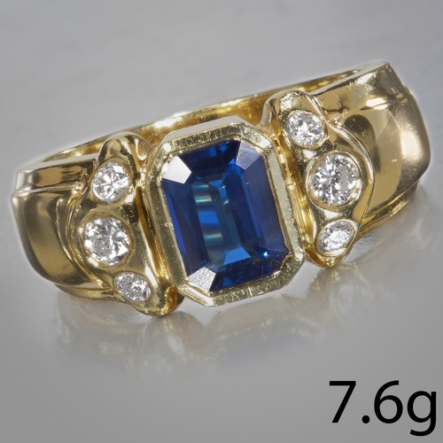 301 - SAPPHIRE AND DIAMOND RING,
7.6 grams, testing 18 ct. gold.
Gemstones totalling approx. 1.50 ct.
Vibr... 