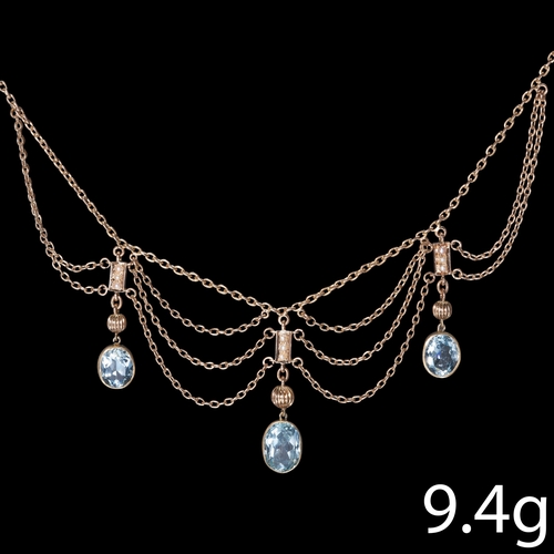 302 - VICTORIAN GOLD NECKLACE WITH AQUAMARINE AND PEARLS.
9.4 grams.
vibrant aquamarines with no abrasions... 