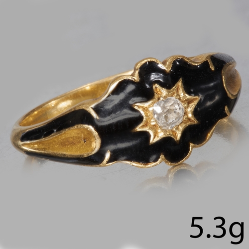 303 - ANTIQUE ENAMEL AND DIAMOND RING,
5.3 grams, testing 14 ct. gold.
Bright and lively diamond.
Enamel i... 