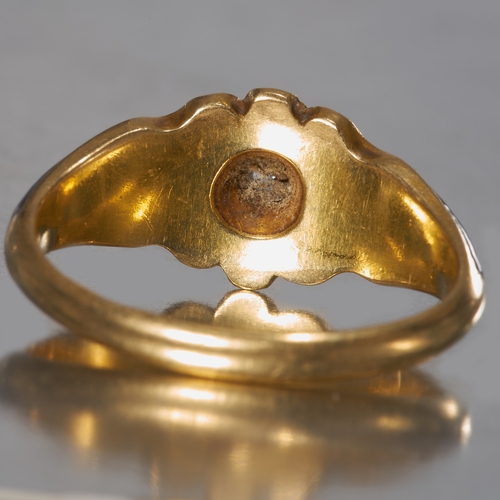 303 - ANTIQUE ENAMEL AND DIAMOND RING,
5.3 grams, testing 14 ct. gold.
Bright and lively diamond.
Enamel i... 