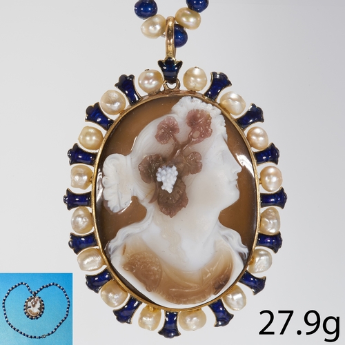 304 - VICTORIAN CAMEO ENAMEL AND NATURAL SALTWATER PEARL PENDANT WITH NECKLACE.
27.9 grams, Testing 18 ct.... 