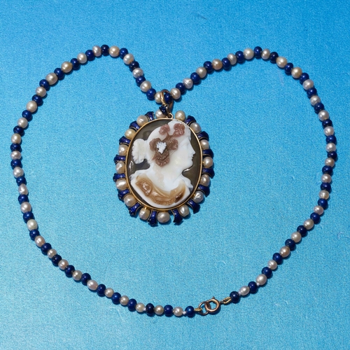 304 - VICTORIAN CAMEO ENAMEL AND NATURAL SALTWATER PEARL PENDANT WITH NECKLACE.
27.9 grams, Testing 18 ct.... 