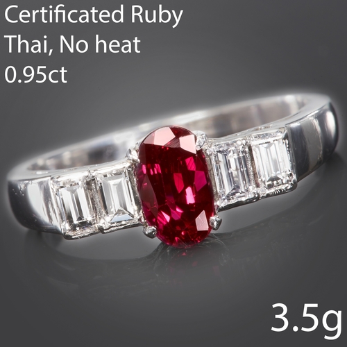 309 - CERTIFICATED RUBY AND DIAMOND RING,
3.5 grams, testing 18 ct. gold.
Gemstones totalling approx. 1.30... 