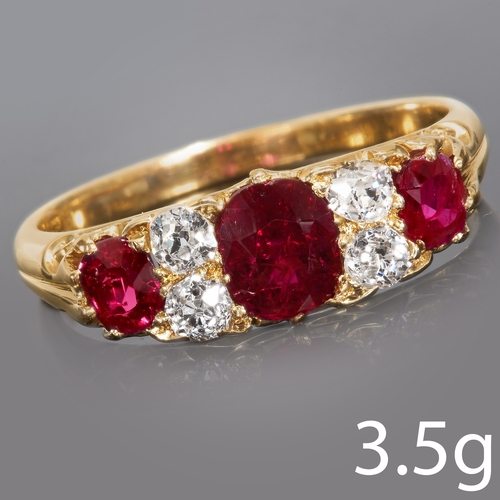 63 - RUBY AND DIAMOND 5-STONE RING 
18 ct. gold.
Vibrant rubies totalling approx. 1.49 ct.
Diamonds brigh... 