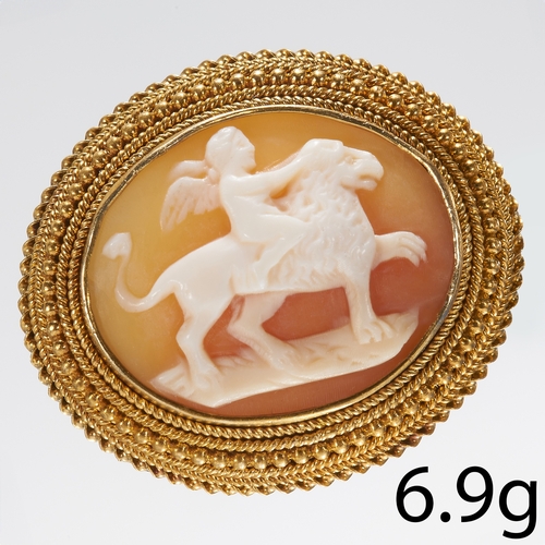 72 - VICTORIAN CAMEO BROOCH,
6.9 grams, testing as 18 ct. gold.
The carved shell cameo depicting a putti ... 