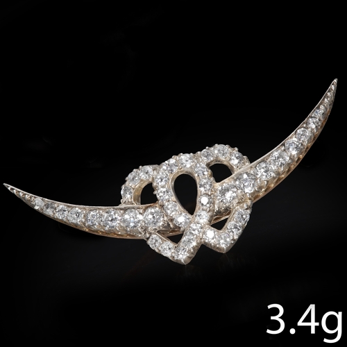 88 - VICTORIAN DIAMOND DOUBLE HEART CRESCENT BROOCH,
Diamonds bright and lively, totalling approx. 1.40 c... 