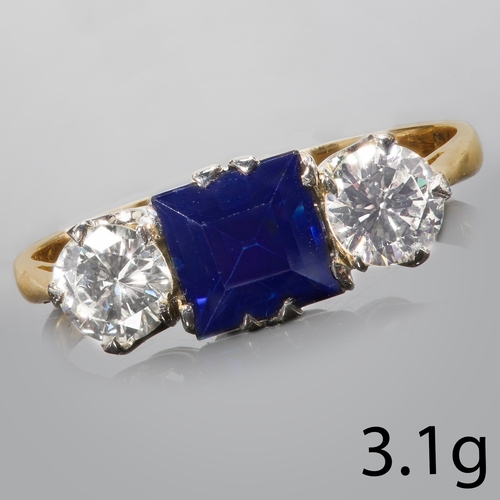 89 - SAPPHIRE AND DIAMOND THREE STONE RING.
3.1 grams. 18 ct. gold and platinum.
Gemstones totalling appr... 