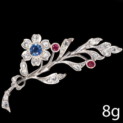 95 - ANTIQUE FLORAL SPRAY BROOCH WITH SAPPHIRE, DIAMONDS AND RUBIES. 
8 grams, testing as 14 ct. gold.
sa... 