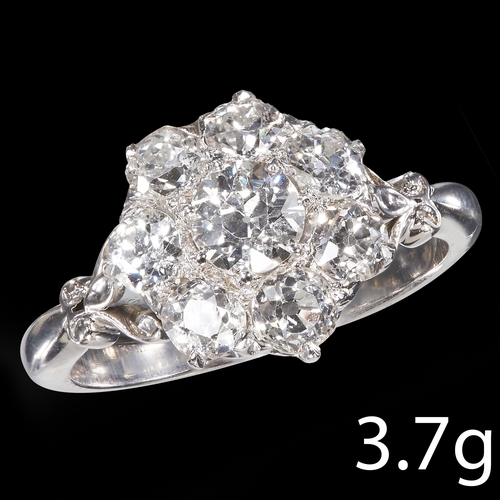 223 - DIAMOND CLUSTER RING. 
3.7 grams, testing 18 ct. gold.
Diamonds totalling approx. 1.50 ct. H-I colou... 