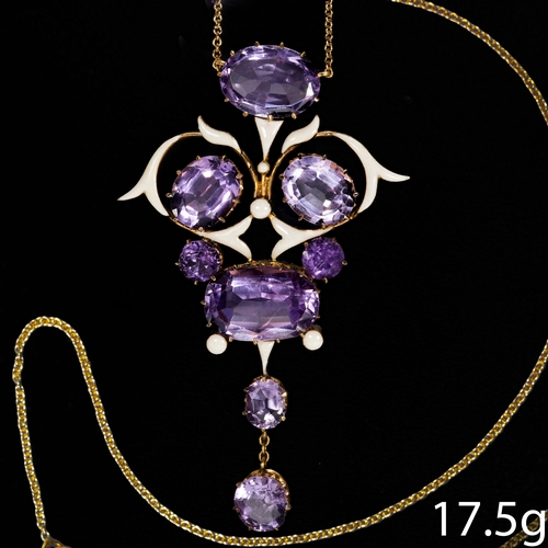 11 - EDWARDIAN AMETHYST AND ENAMEL DROP GOLD NECKLACE,
16.1 grams.
Vibrant amethyst.
Accentuated with ena... 