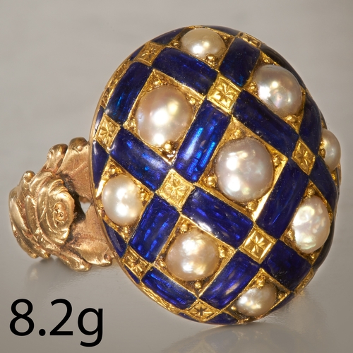 20 - ANTIQUE PEARL AND ENAMEL RING,
High carat gold.
Pearls well matched (untested).
Rich and vibrant blu... 