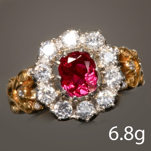 50 - RUBY AND DIAMOND CLUSTER RING, 
High carat gold.
Gemstones totalling approx. 1.64 ct.
Rich and vibra... 