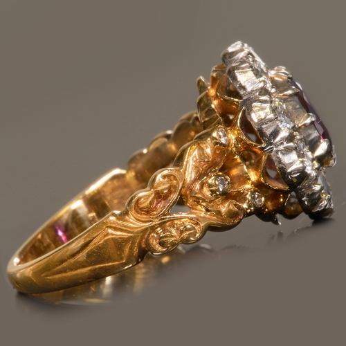 50 - RUBY AND DIAMOND CLUSTER RING, 
High carat gold.
Gemstones totalling approx. 1.64 ct.
Rich and vibra... 